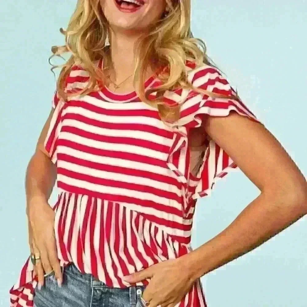 Red and White Stripe Peplum Babydoll Top - Picture 2 of 4